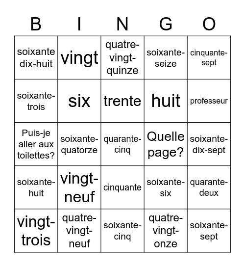 Les nombres de 0 à 100 and school Bingo Card