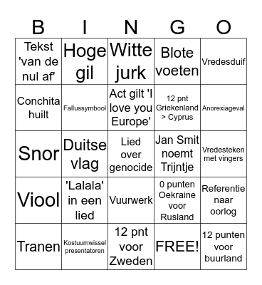 GROENLINKS EUROVISION BINGO Card