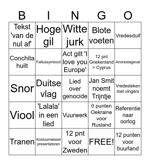 GROENLINKS EUROVISION BINGO Card