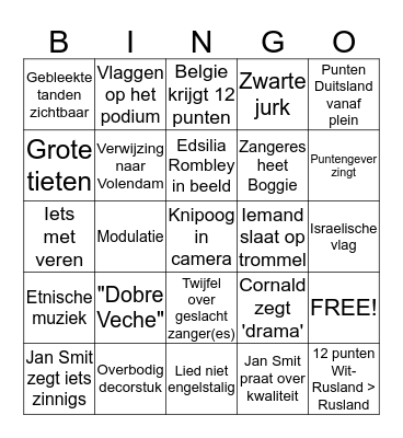 GROENLINKS EUROVISION BINGO Card