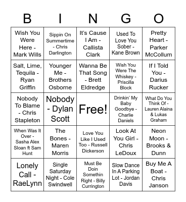 Favorite Country Songs Bingo Card