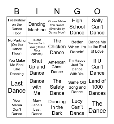 Songs With Dance In The Title Bingo Card