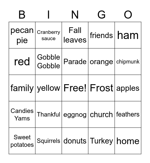 Thanksgiving BINGO Card