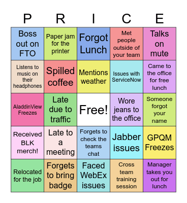 Office Experiences Bingo Card