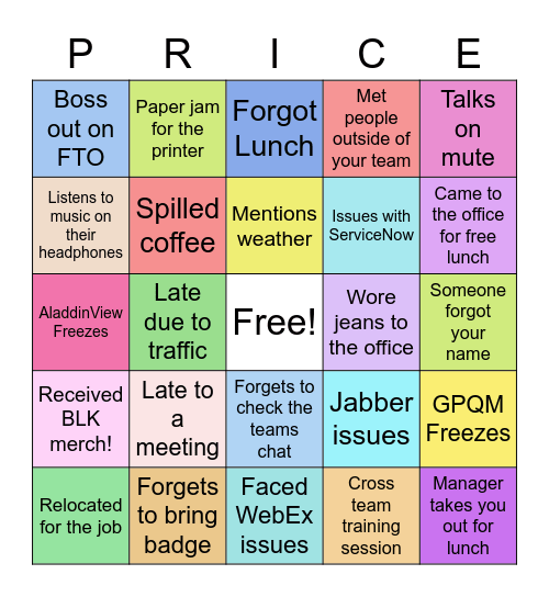 Office Experiences Bingo Card