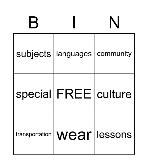 Lesson 13 Vocabulary Bingo Card