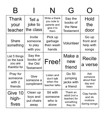 Sunday School Bingo Card