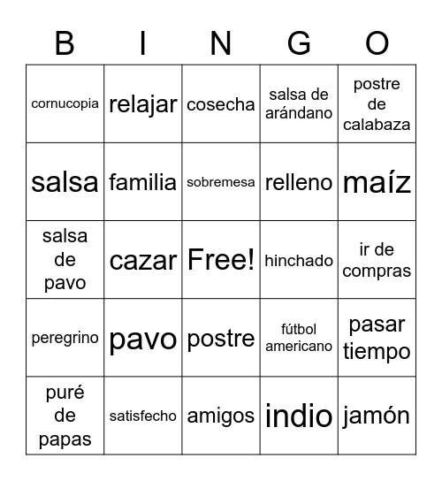 el Día de Acción de Gracias Bingo Card