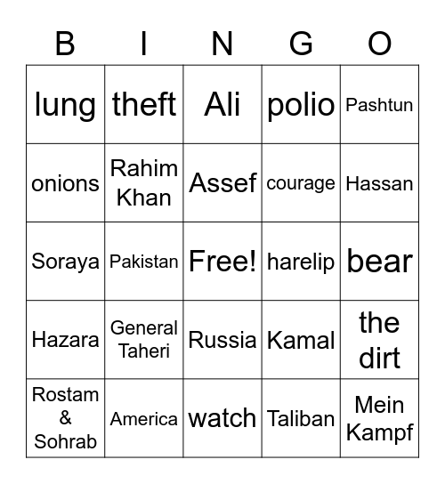 The Kite Runner Chapters 1-12 Bingo Card