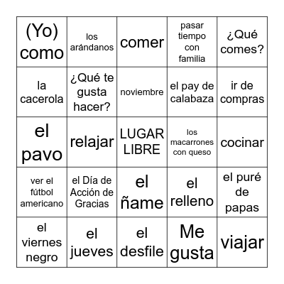 el Día de Acción de Gracias Bingo Card