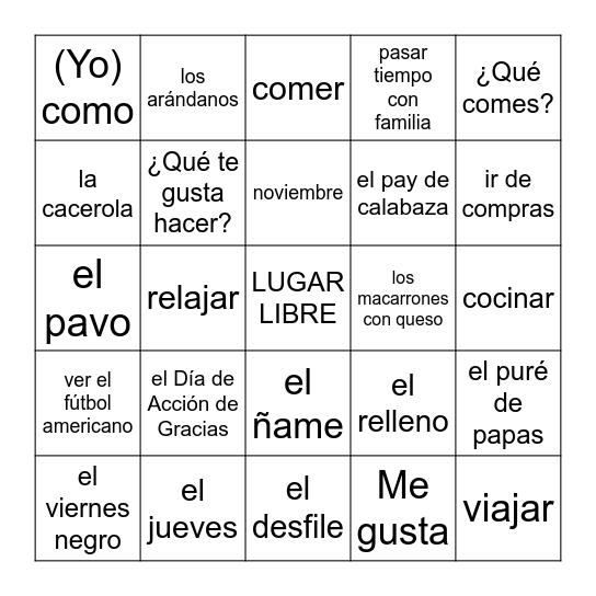 el Día de Acción de Gracias Bingo Card