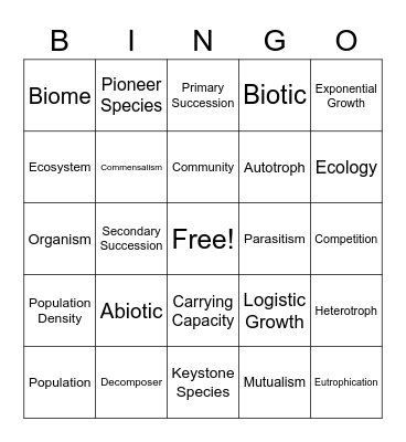 Ecology Bingo Card