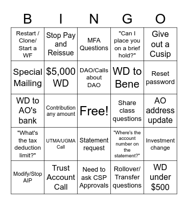 Team David Call Bingo 2 Bingo Card