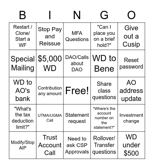 Team David Call Bingo 2 Bingo Card