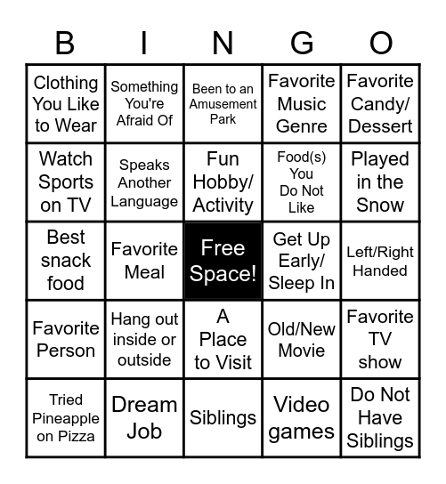 Conversation Bingo Card