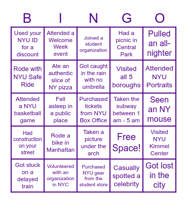 NYU Freshmen Bingo Card