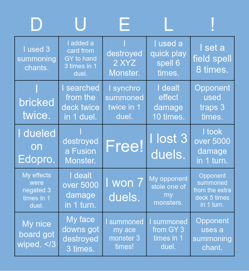 Duel! Bingo Card
