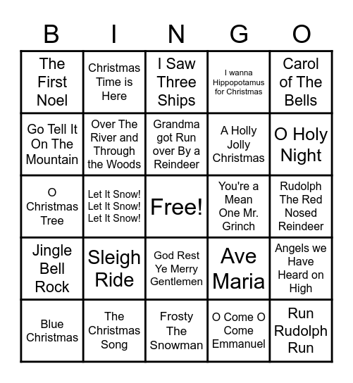 Christmas Song BINGO Card