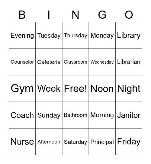 Vocabulary Bingo Card