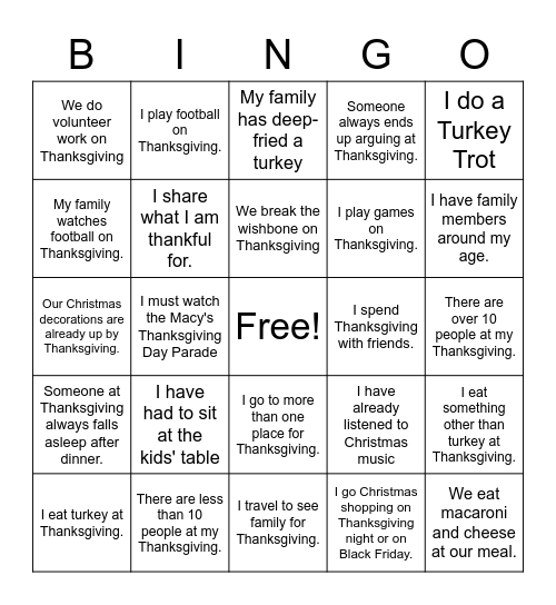 Thanksgiving - Similarities and Differences Bingo Card