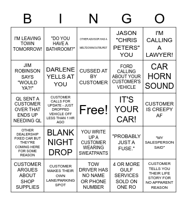 SERVICE ADVISOR BINGO Card