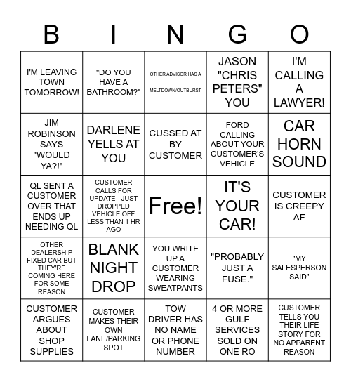 SERVICE ADVISOR BINGO Card