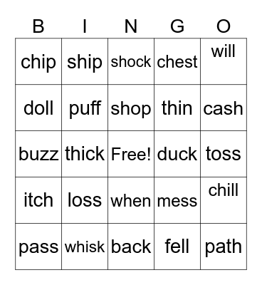 Digraphs and Double Letters Bingo Card