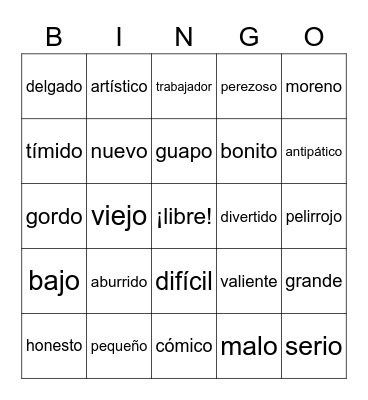 Spanish Adjectives Bingo Card