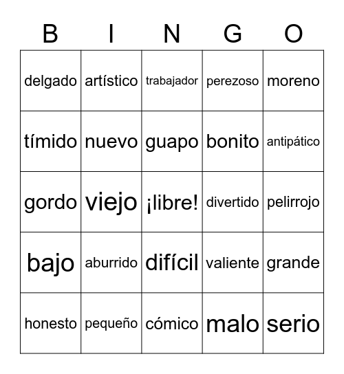 Spanish Adjectives Bingo Card