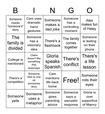 Modern Family Thanksgiving Bingo Card