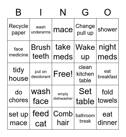 Daily routine Bingo Card