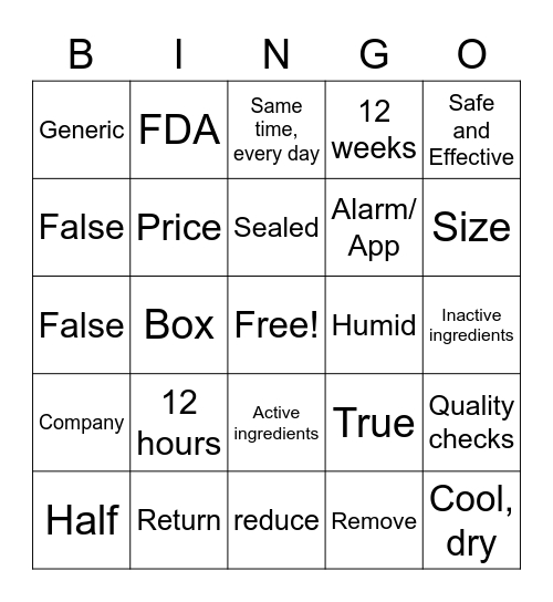 Medication Basics Bingo Card