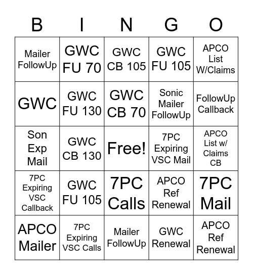 Sales Bingo Card