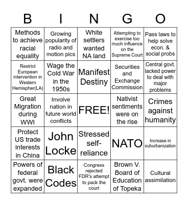 USHG Regents Review Bingo Card