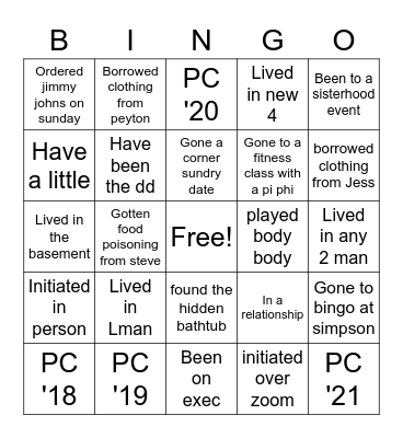 Pi Beta Phi Bingo Card