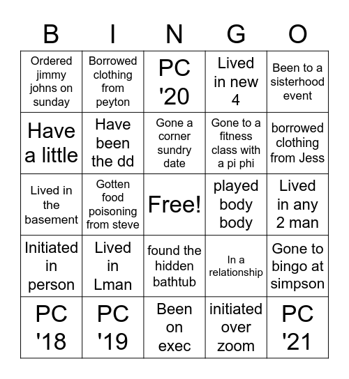 Pi Beta Phi Bingo Card