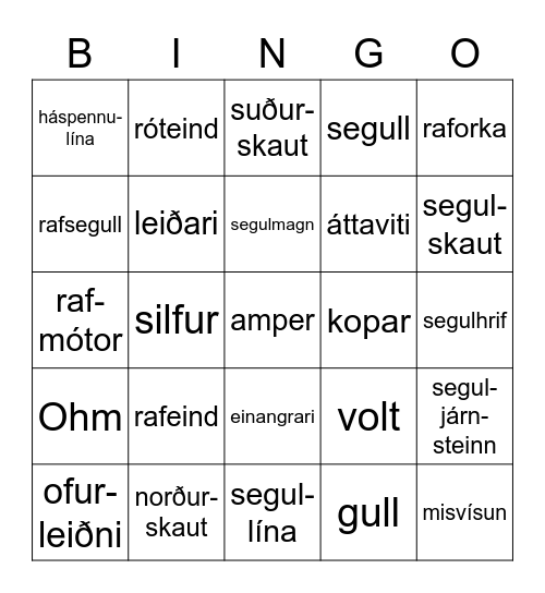 Rafmagn - Eðlisfræði II Bingo Card