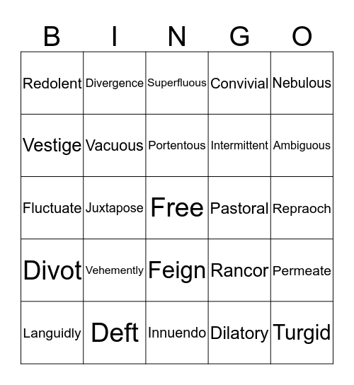 The Great Gatsby Vocabulary Bingo Card