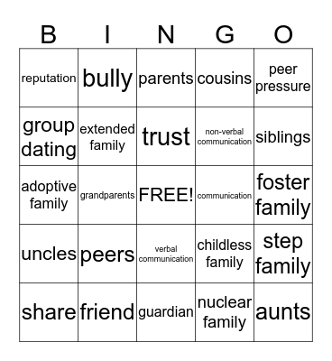 Family and Friends Bingo Card