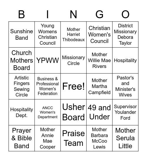 ANCC WOMENS FELLOWSHIP 2021 Bingo Card