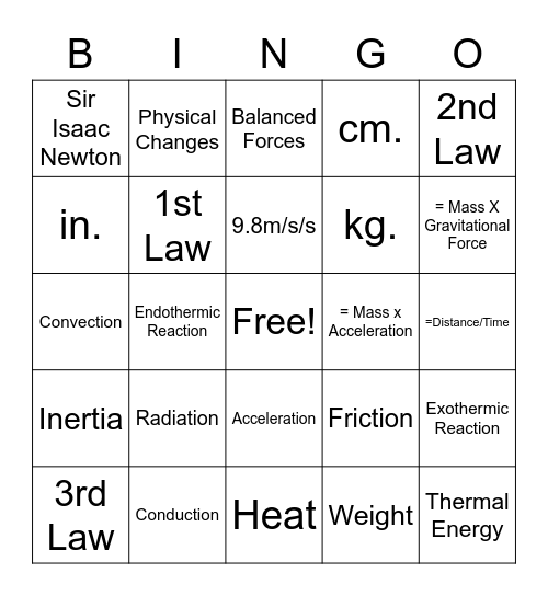 MsB 8thGr Nov. Science Review Bingo Card