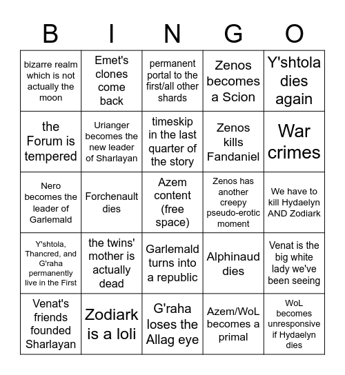 Endwalker Prediction Card Bingo Card