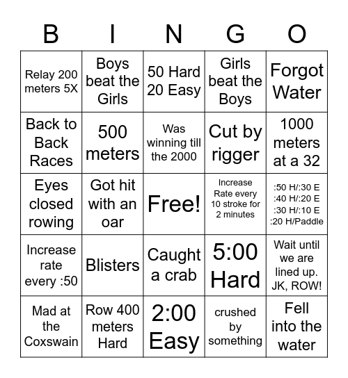 Rowing Bingo Card