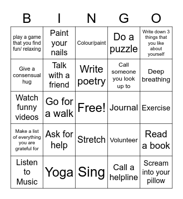 Healthy Coping Mechanisms Bingo Card
