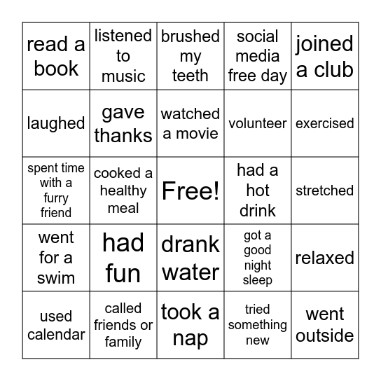 Self Care Bingo! Bingo Card