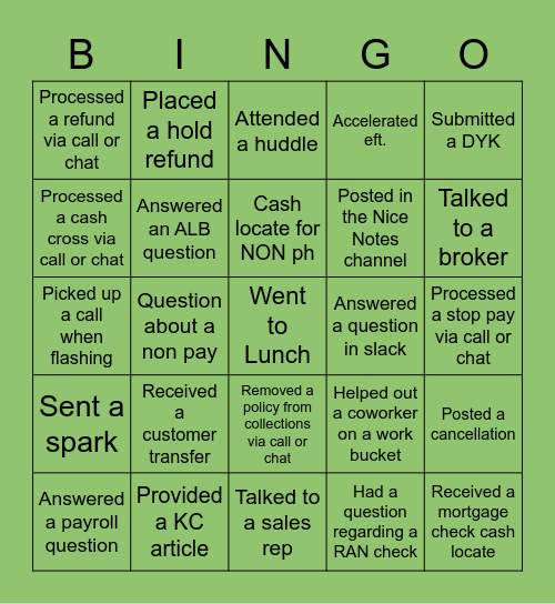 Billing Ops Bingo Card