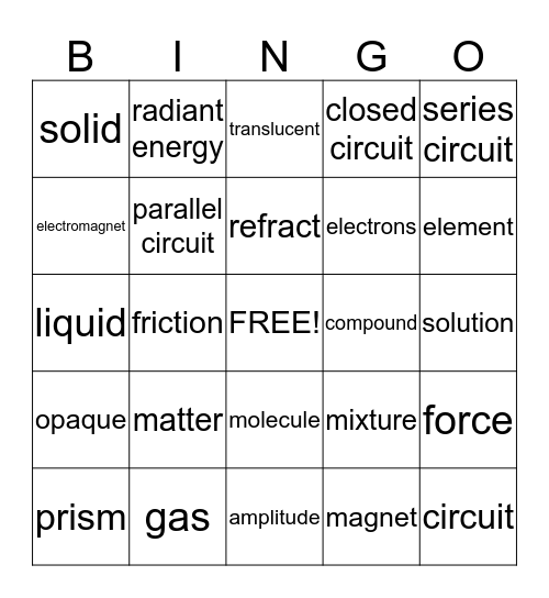 Matter, Force, Motion, Energy Bingo Card