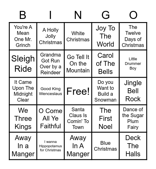 Christmas Songs Bingo Card