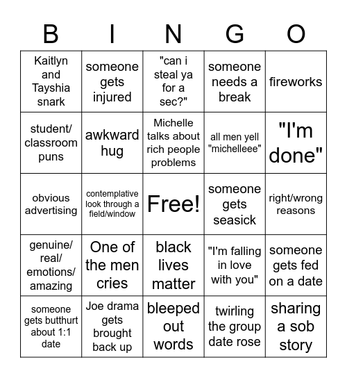 Bachelorette Bingo Week 6 Bingo Card