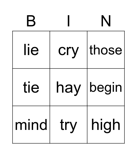 Long I spelling words Bingo Card